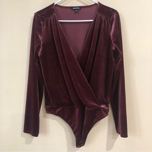 Express Mauve Velvet Faux Wrap Bodysuit - Picture 3 of 6